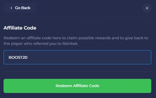 Rainbet Affiliate Code panel with BOOST20 typed into the input field above a green Redeem Affiliate Code button