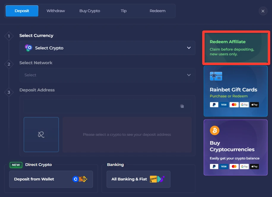 Rainbet Deposit window with currency, network and deposit address fields, and the Redeem Affiliate panel highlighted in the right-hand column