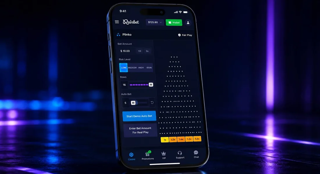 Smartphone showing the Rainbet Plinko screen in portrait with bet amount, risk level, rows controls and a Start Demo Auto Bet button above the peg board