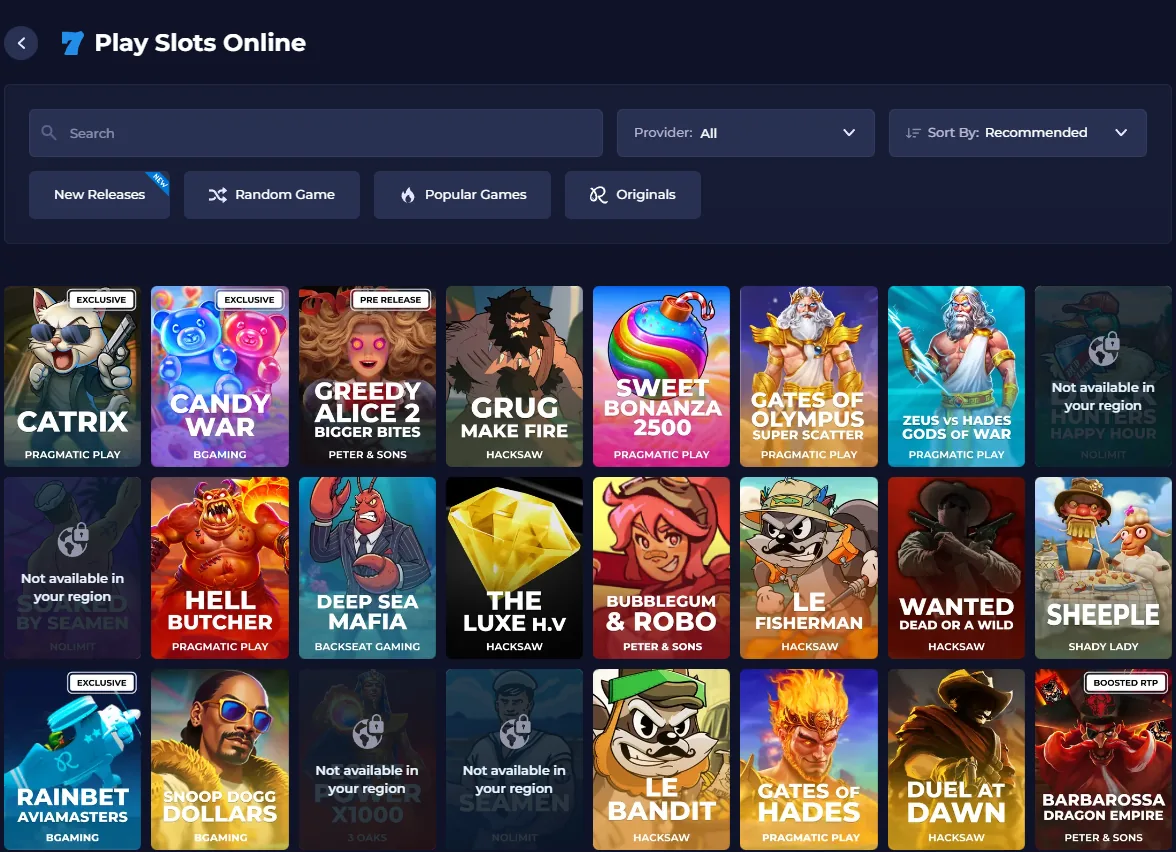 Rainbet Play Slots Online section with search bar, provider filter and a grid of slot tiles including Candy War, Sweet Bonanza 2500 and Gates of Olympus, with some tiles marked Not available in your region